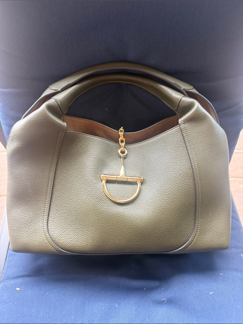 Olive Green Leather Shoulder Bag with Gold Hardware